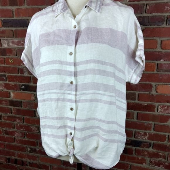 Rachel Zoe 100% Linen Pink White Striped Top Size Medium - Picture 2 of 5